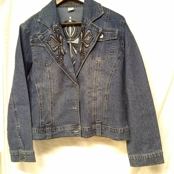 Daniel Jeans Womens Jacket Denim Embellish Studded  Button Distress L/42 - Picture 2 of 9